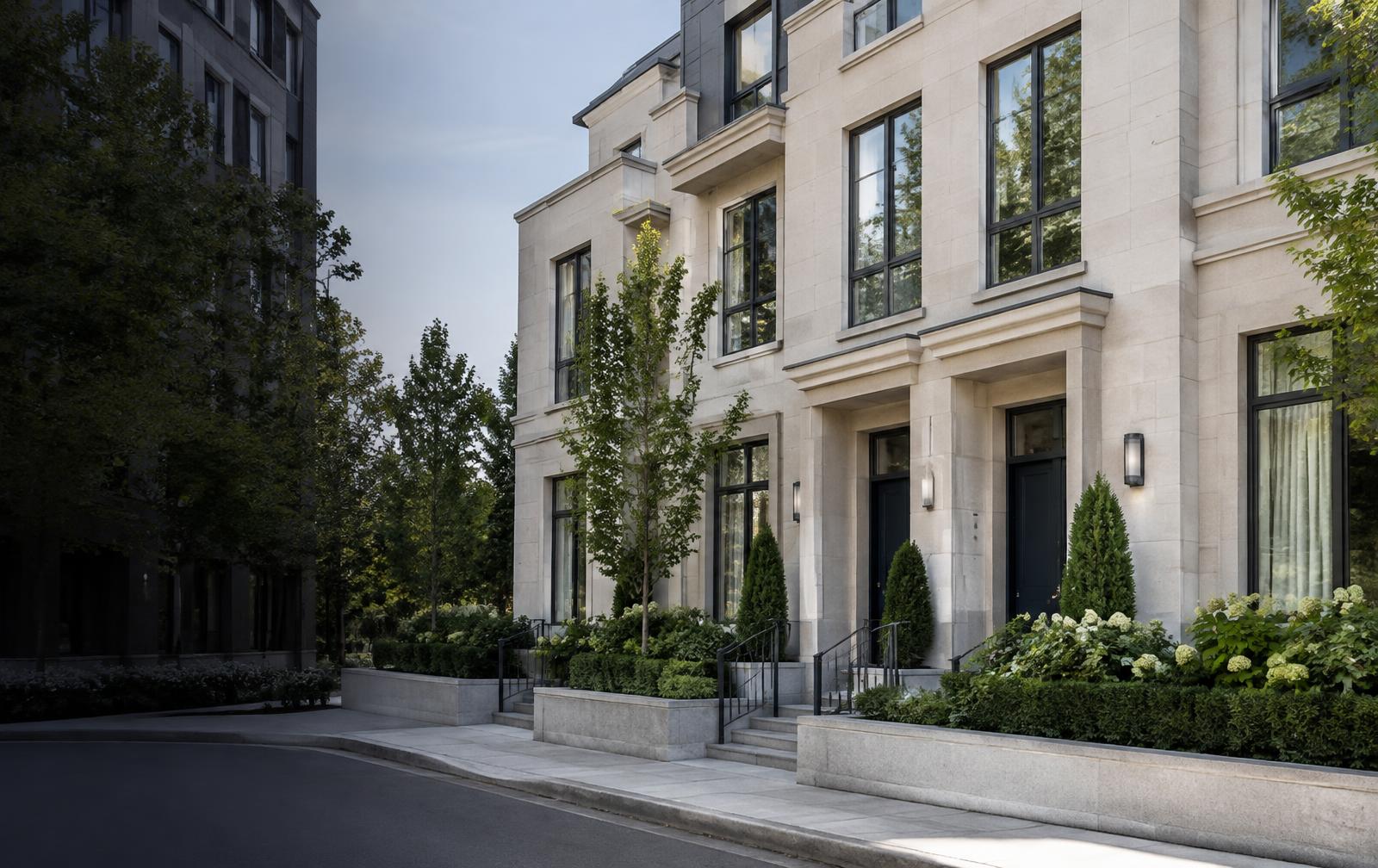 Well-maintained residential properties with stone facades and landscaped entrances
